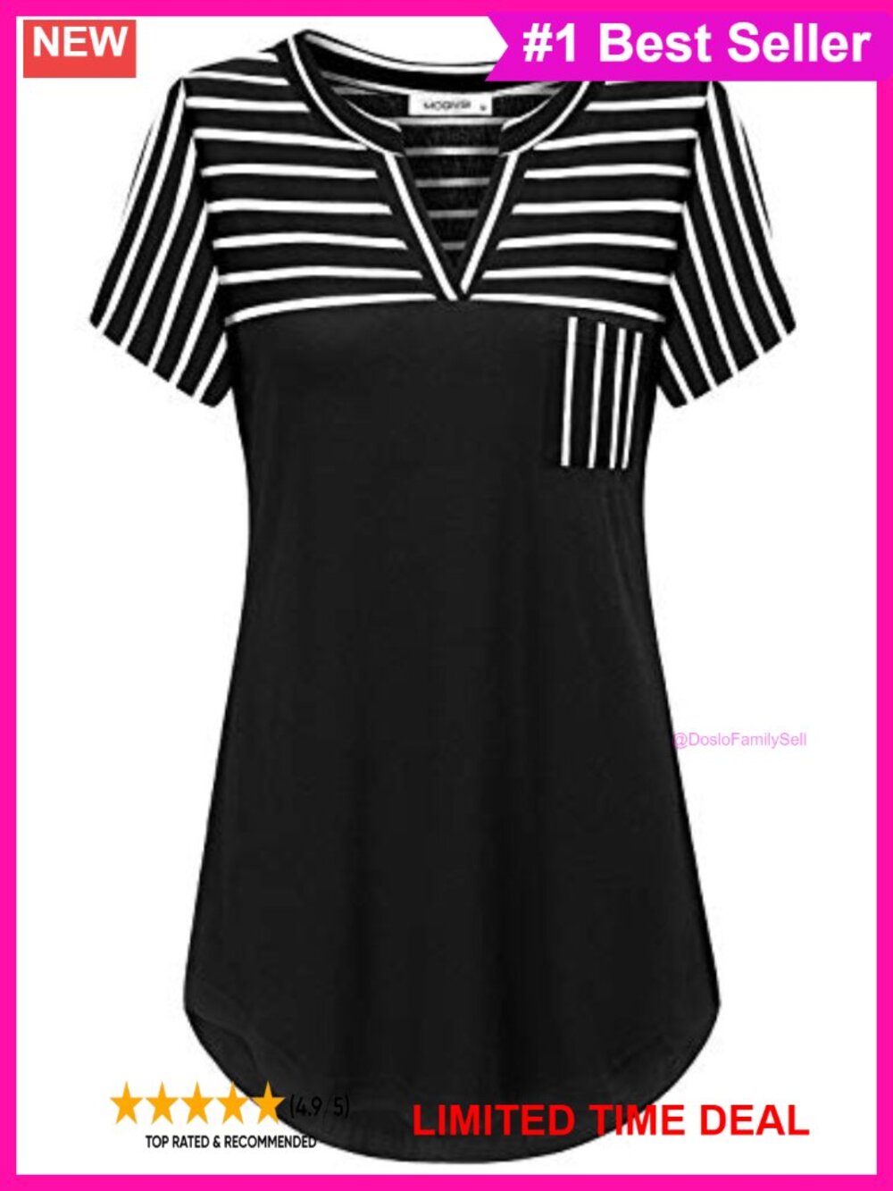 Women's V-Neck Striped Tunic Top Hi-Low Hem Short Sleeve Pocket Casual Work